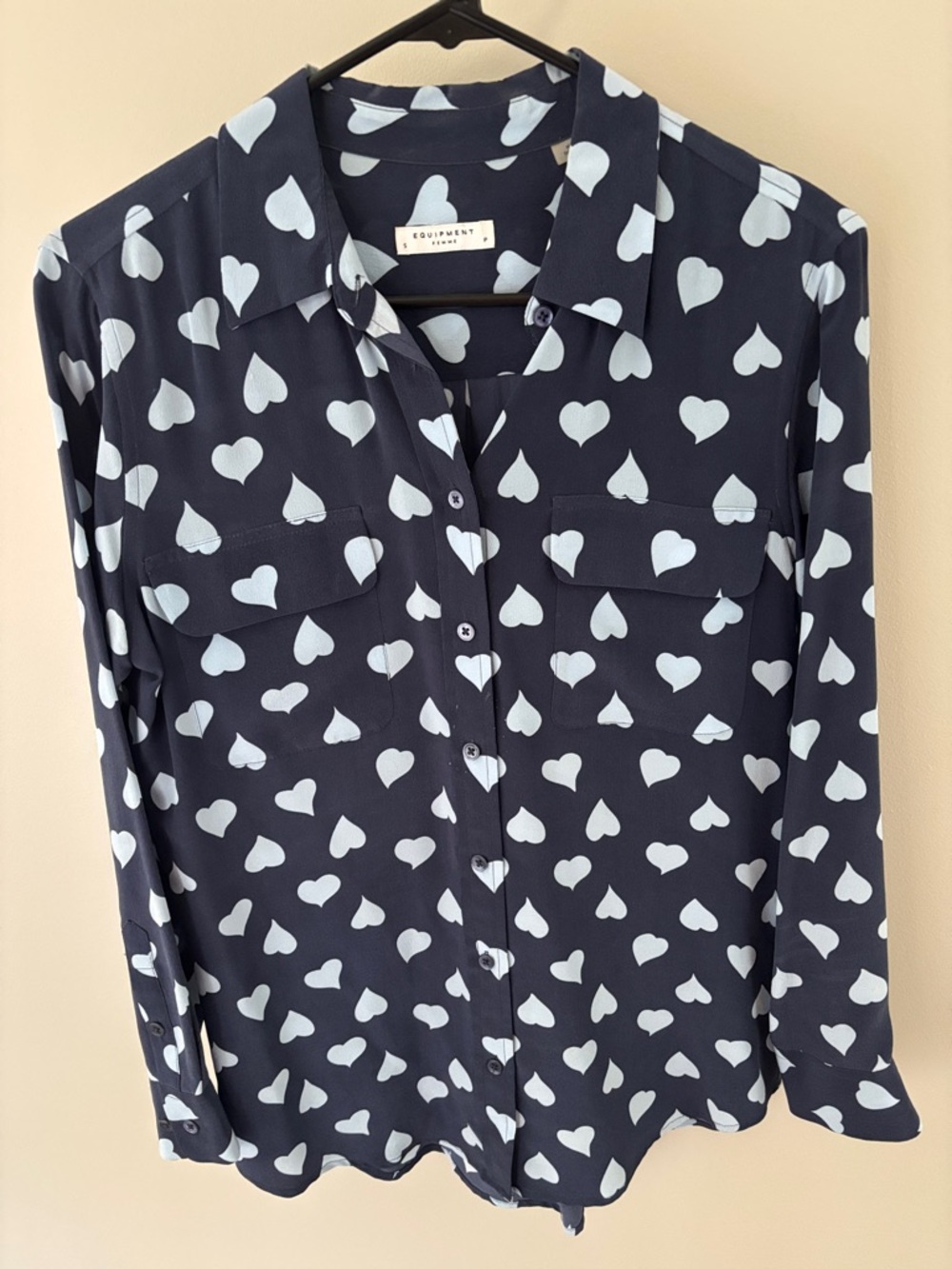 Equipment Navy Heart Print Silk Button-Up Blouse S